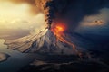 Volcanic eruption in the morning. 3D illustration. Elements of this image furnished by NASA, Karimskiy volcano. Volcanic eruption Royalty Free Stock Photo