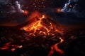 Volcanic eruption at night, with clouds of molten lava illuminated by stars in the sky