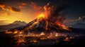 Volcanic eruption, night view. Lava flows flow down from the slopes. Clouds of ash rise above the volcano.