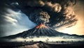 Volcanic eruption with small amounts of lava flowing and huge clouds of smoke and ash rain in the gray sky, made with generative