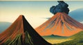 Volcanic eruption smoke landscape digital painting illustation. Ai generated for childrens books