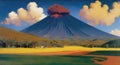 Volcanic eruption smoke landscape digital painting illustation. Ai generated for childrens books