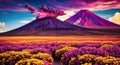 Volcanic eruption smoke landscape digital painting illustation. Ai generated for kids books