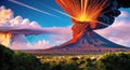 Volcanic eruption smoke landscape digital painting illustation. Ai generated for kids books