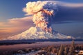 Volcanic eruption in snowy mountains. Generated by artificial intelligence