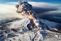 Volcanic eruption in snowy mountains. Generated by artificial intelligence