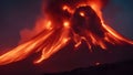 A volcanic eruption unleashing a fire lord from the magma, with a fierce expression and a bright glow