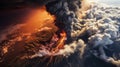 Volcanic eruption, view from space. Lava flows flow down from the slopes. Clouds of ash rise above the volcano.