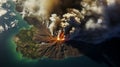 Volcanic eruption, view from space. Lava flows flow down from the slopes. Clouds of ash rise above the volcano.