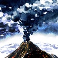 Volcanic eruption, volcano erupt, mountain with smoke cloud, volcanic activity with magma, hand drawn watercolor