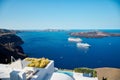 Volcanic island and cruise ships, Santorini, Greece Royalty Free Stock Photo