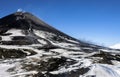 Volcanic landscape with dark cone of an active Asian volcano and white smoke against blue sky