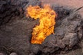 Volcanic Landscape with fire in the Timanfaya National Park. Lanzarote