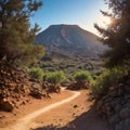 Volcanic landscape and lush green pine tree forest at hiking trail to Paisaje Lunar volcanic rock formation