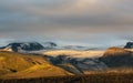 Stunning sunset with and Myrdalsjokull glacier, Katla caldera, Botnar-Ermstur, Laugavegur Trail, southern Iceland