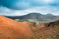 Volcanic landscape in Timanfaya National Park on Lanzarote, Canary Islands, Spain. Dramatic views of volcano craters and