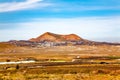 Volcanic landscape with a village, Island Lanzarote, Canary Islands, Spain, Europe