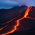 Volcanic lava flow flows down the Frightening dangerous Royalty Free Stock Photo