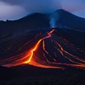 Volcanic lava flow flows down the Frightening dangerous