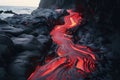 Volcanic lava flow in Hawaii Volcanoes National Park, Big Island, River of pahoehoe lava flowing down a cliff, AI Generated Royalty Free Stock Photo