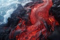 Volcanic lava flow in Hawaii Volcanoes National Park, Lava is entering the ocean with many small flows, AI Generated