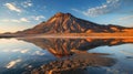 Volcanic mountain reflected in calm lake waters. Ai Generated