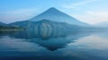 Volcanic mountain reflected in calm lake waters. Ai Generated