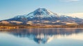 Volcanic mountain reflected in calm lake waters. Ai Generated