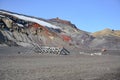 Volcanic mountains of Deception Island, Antarctica. Small sunken timber beams of abandoned whale station, Lost places,