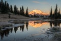 Mount Rainier reflecting in an icy Upper Tipsoo Lake at dawn