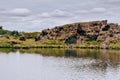 Volcanic rock formations in Lake Myvatn in Northern Iceland Royalty Free Stock Photo