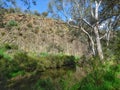 Volcanic rock formations and reflections on the water at the Organ Pipes National Park near Melbourne Australia Royalty Free Stock Photo