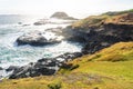 Volcanic rocks in the ocean along green cliffs at the Nobbies at Phillip Island, Victoria, Australia Royalty Free Stock Photo