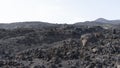 Volcanic rocky land with black arid desert in Canary Island. Lava soil and basalt on a national park