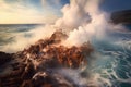 volcanic steam rising from the ocean where lava and water mix