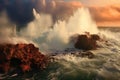 volcanic steam rising from the ocean where lava and water mix