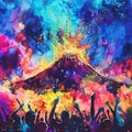 Volcano concert, harmony of musical notes and neon lights, vibrant crowd, explosive backdrop, dusk setting, wide lens, festival