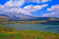 Volcano crater Birket Ram Rams pool and Mount Hermon Israel