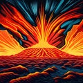 Volcano crater eruption with red-hot glowing magma, active volcanic explosion with lava, splashes, rocks, flashes Royalty Free Stock Photo