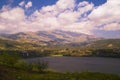 Volcano crater Birket Ram Rams pool and Mount Hermon Israel