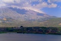 Volcano crater Rams pool and Mount Hermon Israel