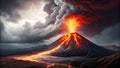 A dramatic volcanic eruption with lava flows and ash clouds in a dark landscape Royalty Free Stock Photo