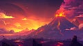 Volcano erupting with fire, lava, and smoke at sunset. Modern parallax background with cartoon landscape, rocks, and Royalty Free Stock Photo