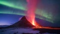 volcano erupting lava at night time with green northern lights in the background