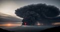 Volcano erupting with molten lava and ash cloud at sunset Royalty Free Stock Photo
