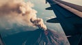 Volcano erupting violently, spewing lava and smoke viewed from an airplane. AI Generated