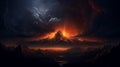 A volcano eruption as ashes dance through a moonlit landscape