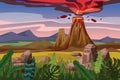 Volcano eruption, background landscape plain, vegetation, stones, vector, cartoon style, illustration, isolated Royalty Free Stock Photo