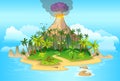 Volcano eruption. Cartoon tropical island with volcano, palm trees. mountains, blue ocean, flowers and vines. Vector illustration Royalty Free Stock Photo