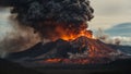 Volcano eruption with dark smoke rising on the horizon. Natural power and environmental concept.